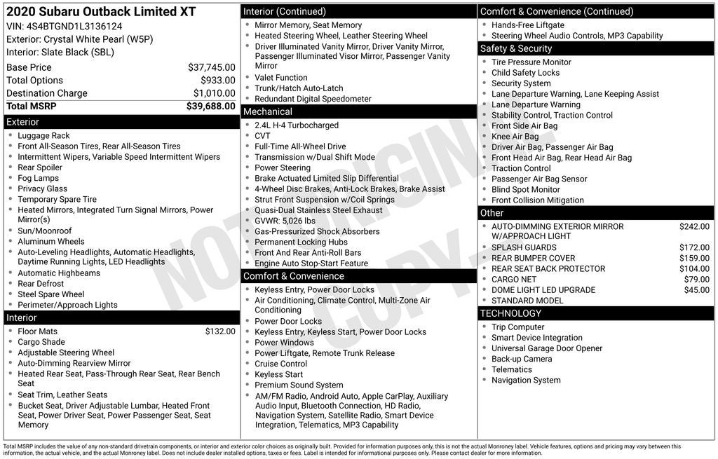 2020 Subaru Outback Limited XT
